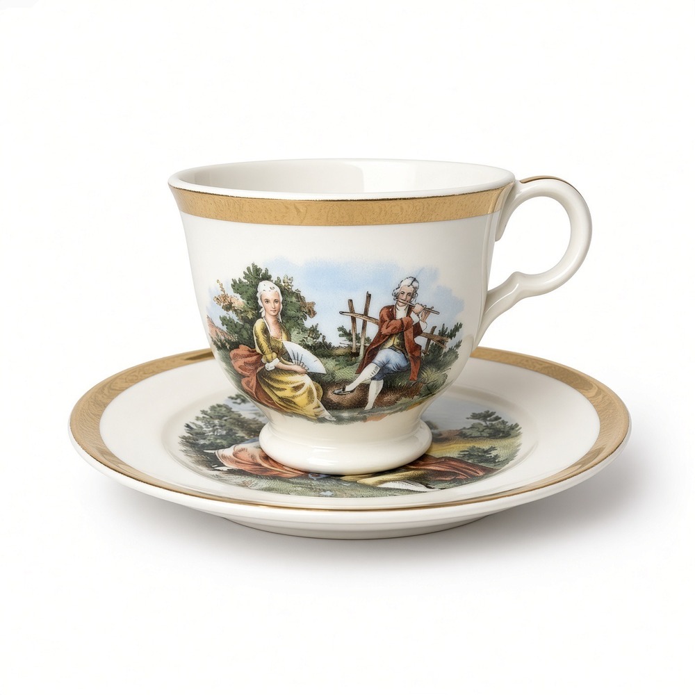 Vintage A Capsco Product 22K Gold Courting Couple Tea Cup and Saucer Set